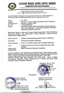 Pengumuman Kehilangan Sertifikat Masjid Agung Baitul Hikmah